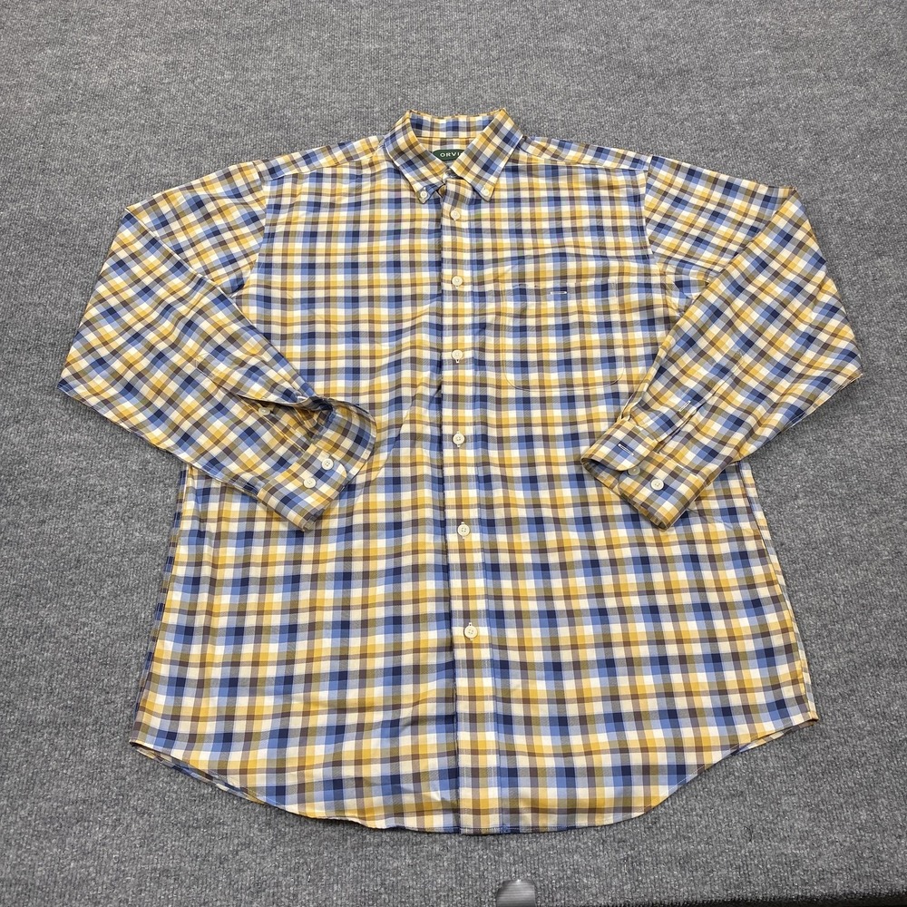 Orvis Shirt Mens Large Tall Yellow Plaid Twill Long Sleeve Button Up Outdoor